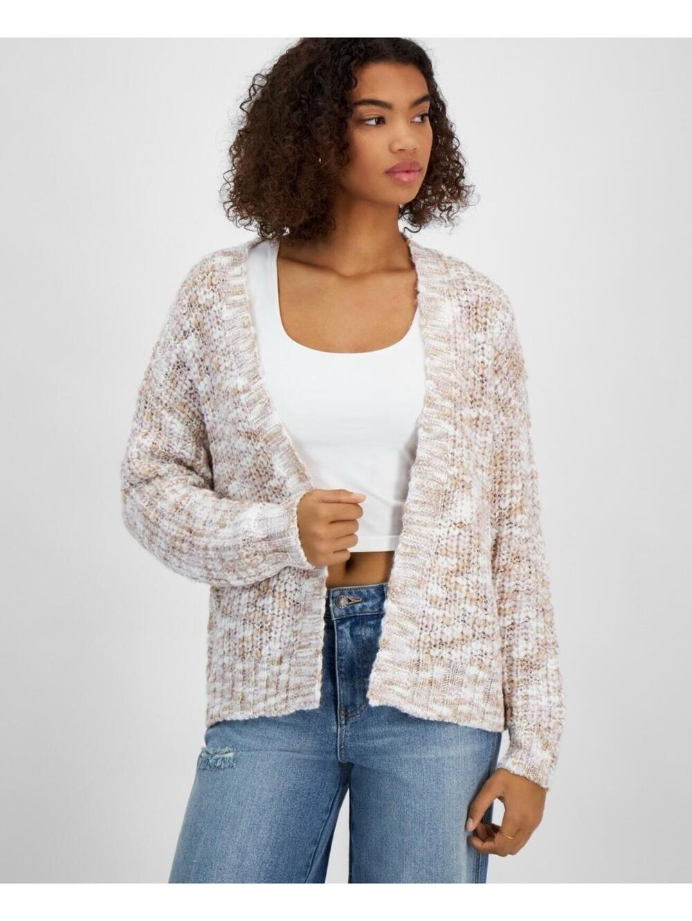 $49 Hippie Rose Juniors' Open-Front Long-Sleeve Oversize Cardigan - Pink/Sand